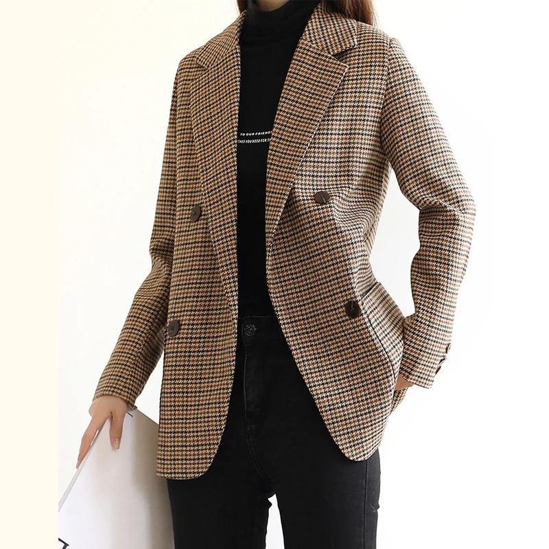 BGTEEVER Vintage Houndstooth Winter Thick Women Jacket Blazer Sashes Plaid Female Suit Jacket with belt Long Sleeve blaser 240808