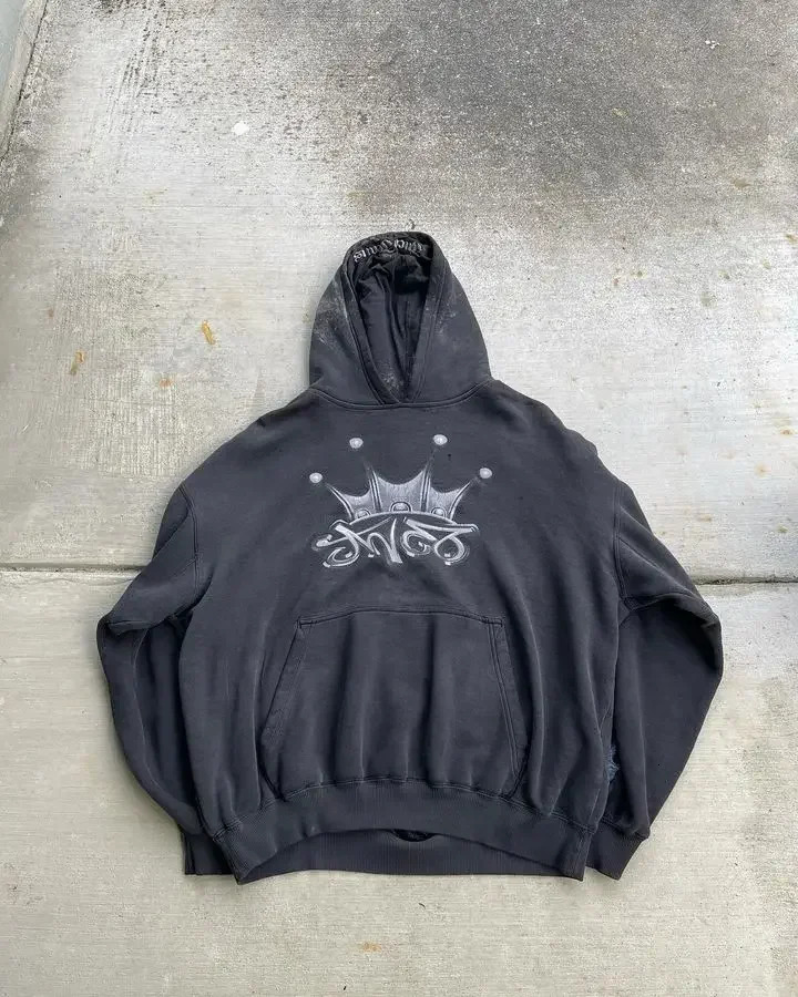 Y2K Mens Retro HipHop Skull Print Oversized Loose Jeans Hooded Sweater TwoPiece Trousers Sweatshirt Sportswear 240809