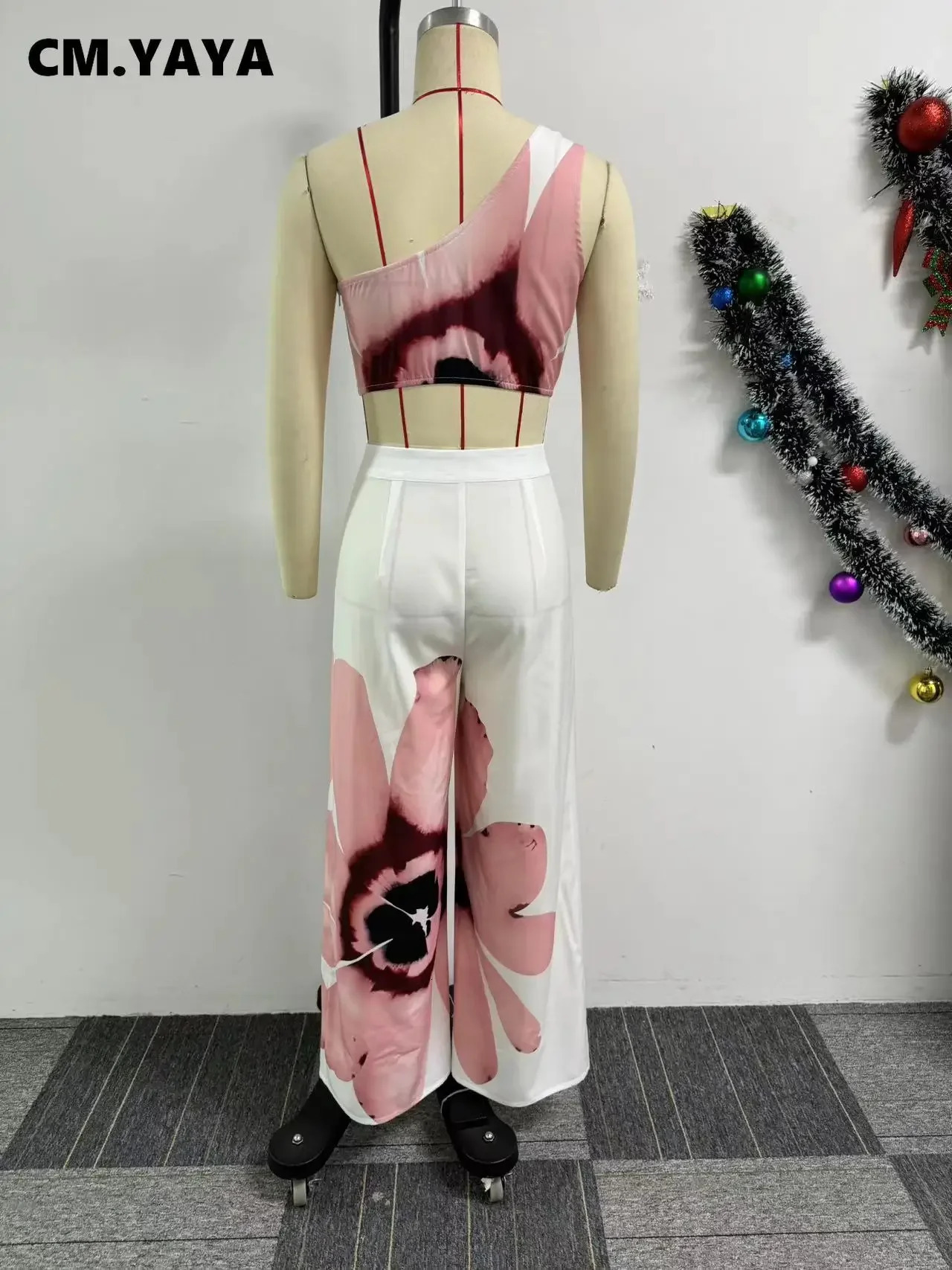 CM.YAYA Women Set Floral Print Sleeveless Skew Collar Tops Wide Leg Pants Two 2 Piece Set Outfit 2024 Summer Street Tracksuit 240813