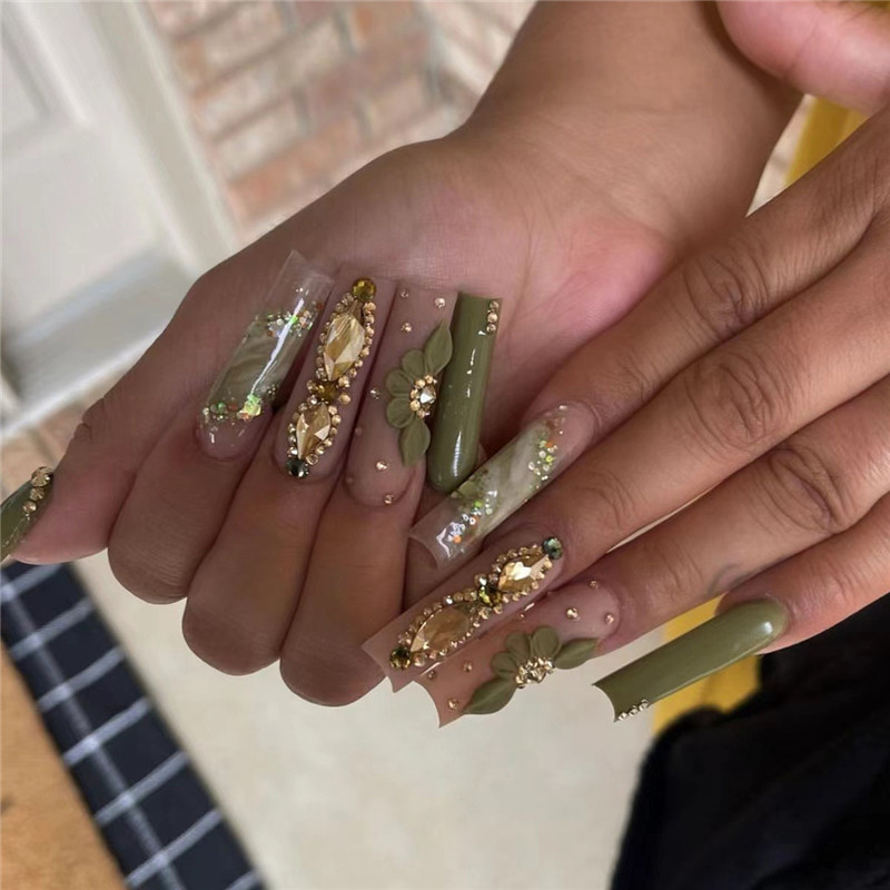 Long Square Press On Nails With Rhinestones Luxury Fake Nails 24pcs Glossy Full Cover False Nails For Women And Girls