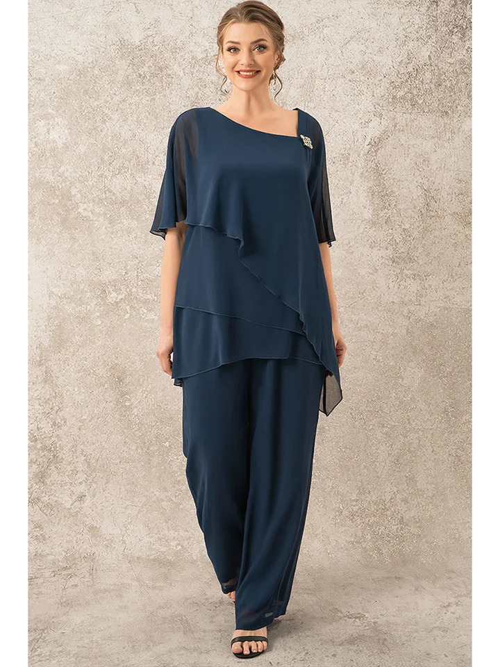 Women Pant Matching Set Plus Size Mother Of The Bride Decorative Button Single Cape Asymmetrical Hem Chiffon Two Piece Pant Suit 240813