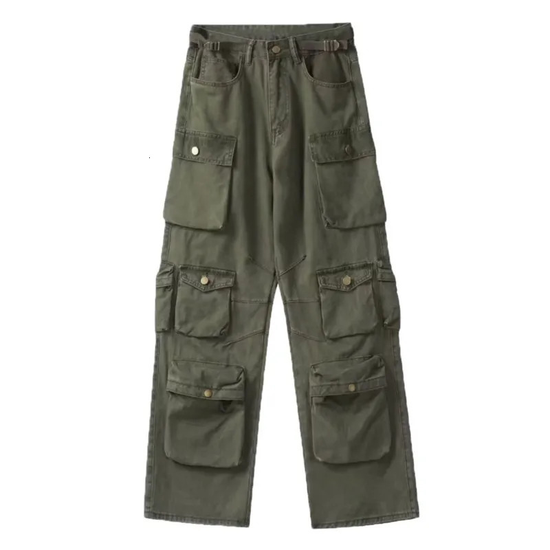 Spring Cargo pants Rice White Multi-pockets Overalls Harajuku stays Men Loose Casual Trousers Straight Mopping Pants 240814