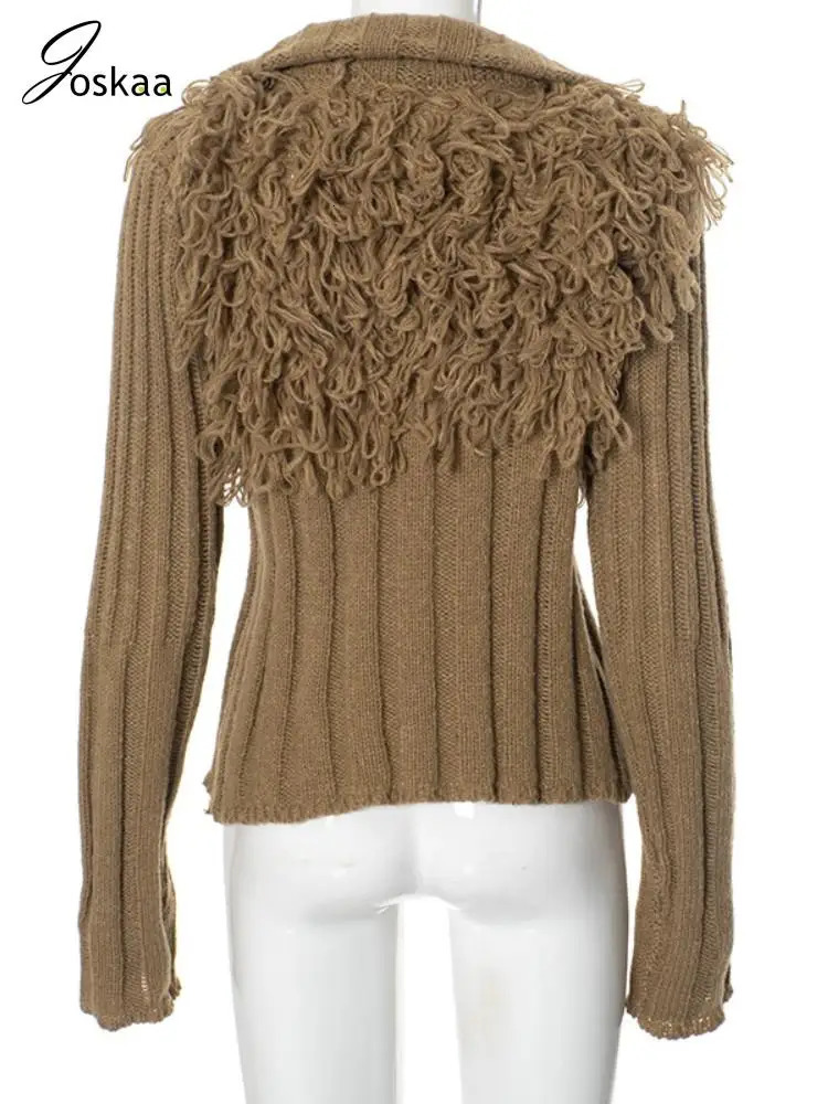 Joskaa Fashion Tassels Knitted Cardigan Women Hipster Lapel Long Sleeve Zip-Up Sweater Coats Autumn Chic Tops Y2K Streetwear 240808