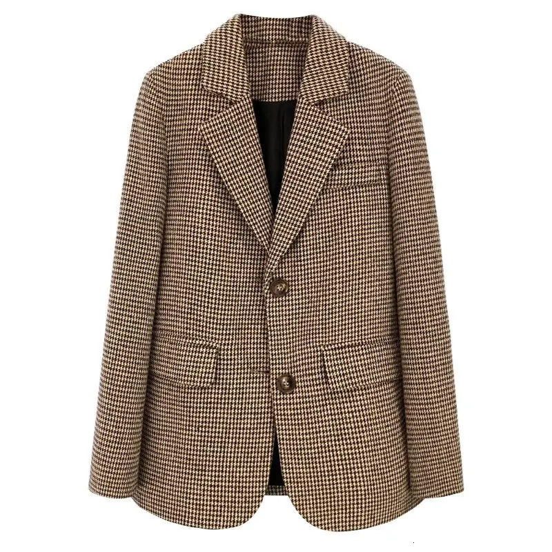 Retro Plaid Woolen Suit Coat For Womens Winter High Grade College Style Fashion Versatile Top Blazer Jacket Z3502 240808