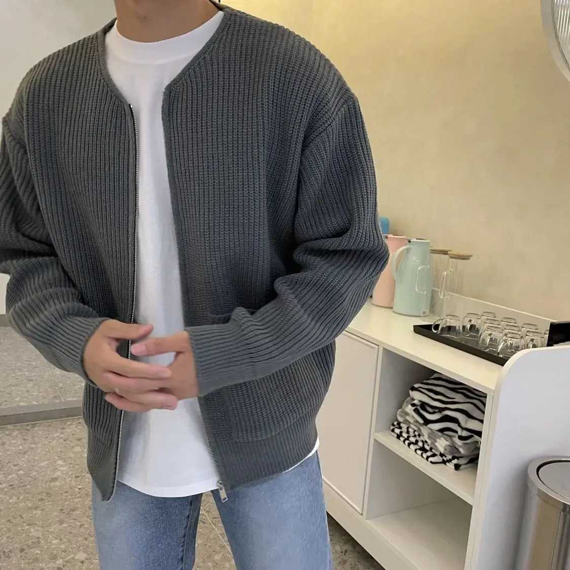 Knitted Sweaters for Men Round Collar with Pockets Man Clothes Plain Zip-up Jacket Cardigan Crewneck Solid Color Coat Zipper A SM240808