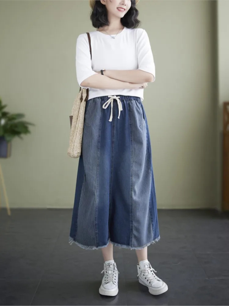 Denim High Waist Oversized Striped Print Patchwork Skirt Women A-Line Ruffle Pleated Loose Ladies Skirts Modis Woman Midi Skirts 240808