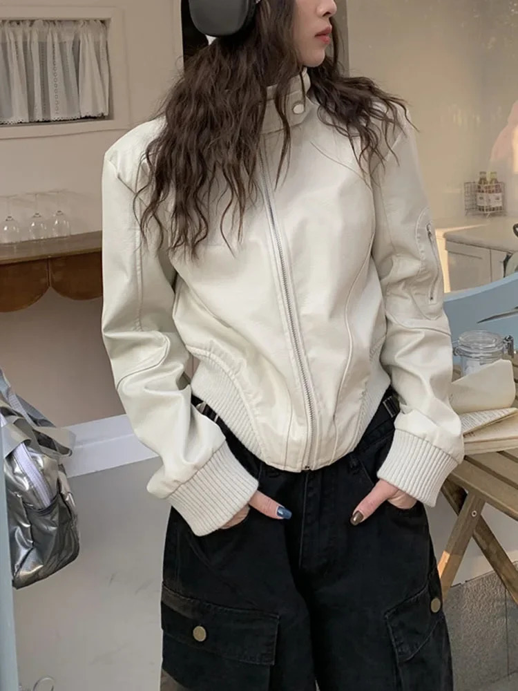 Stand up collar zipper womens Pu jacket loose casual motorcycle Jaquetas retro cut white leather autumn 2023 Coats 240807