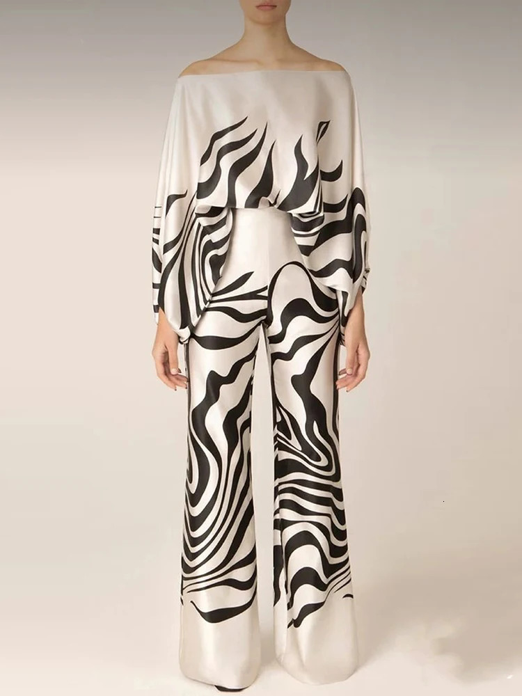 Straight Wide Leg Pants Women Print Two Piece Set Casual Summer Female Loose Pants Outfits Streetwear Long Pants Matching Suit 240813