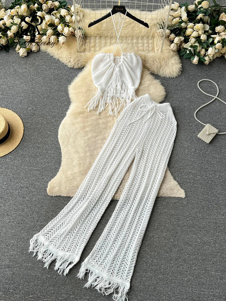 SINGREINY Summer Knitted Beach Two Pieces Sets Women Halter Backless CamisWide Legs Long Pants Tassel Hollow Out Bohe Suits 240813