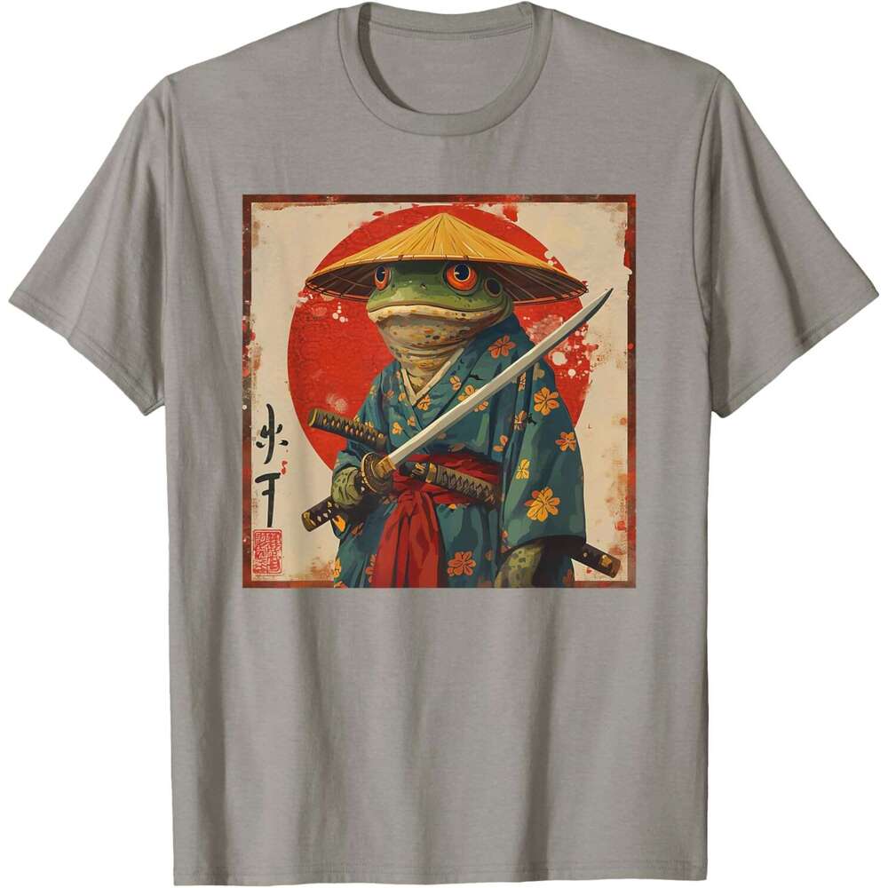 T shirt for Mens Womens Woodblock Art: Samurai Frog Japanese kanji T-Shirt Shirts Tshirt Graphic Tee Casual Tops Clothes Short sleeve