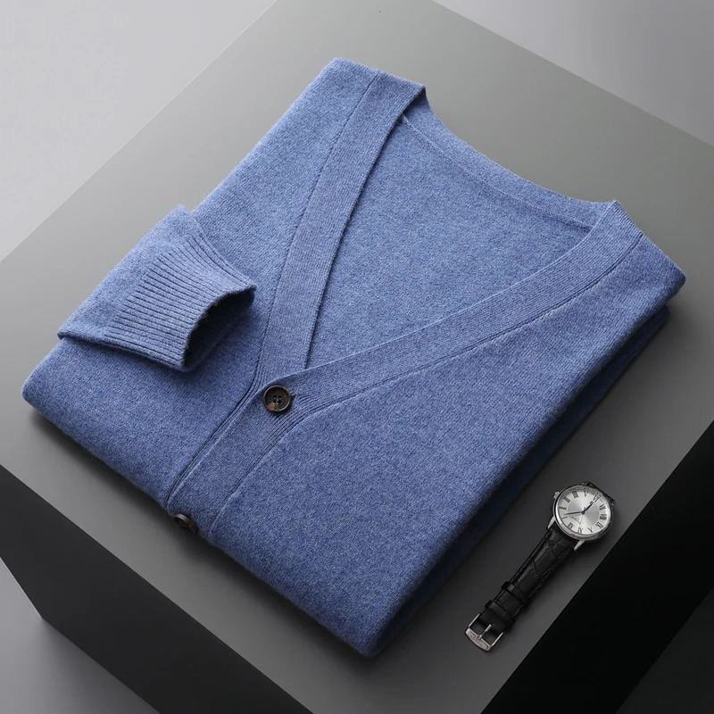 100% merino wool mens cardigan cashmere sweater autumn and winter knitted coat solid color long sleeve high quality coat 240814