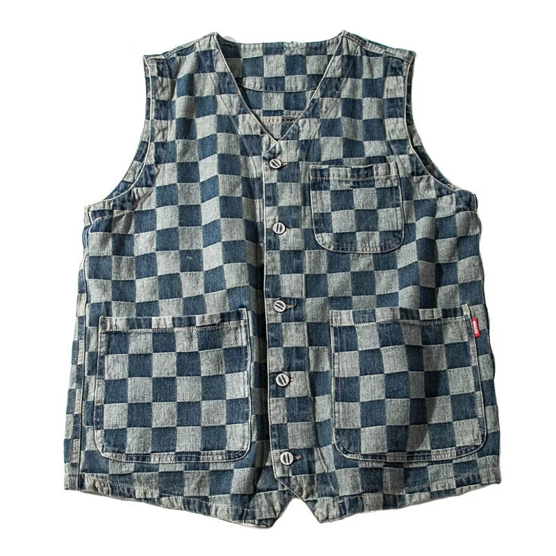 American casual retro plain denim vest multi pocket sleeveless plaid workwear Amekaji Y2k for young men 240807