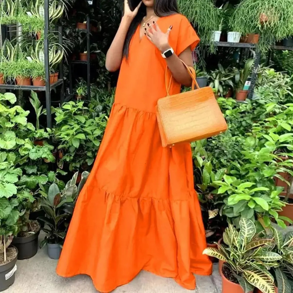 Loose Hem Women Maxi Dress V-neck Short Sleeves Summer Beach Dress Plus Size Full Length Lady Female Clothes Casual Party Dress 240808