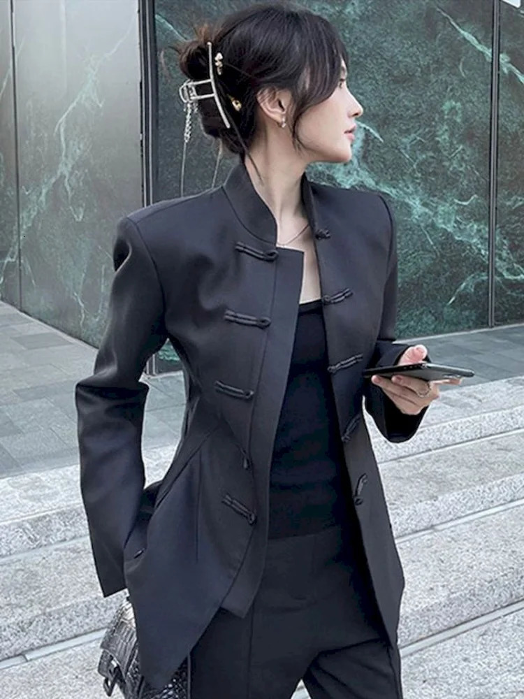 UNXX Chinese Style Stand Collar Black Blazers Tops Women Fashion Casual Blazer Vintage Fashion Loose Long Sleeve All Match Coats 240808
