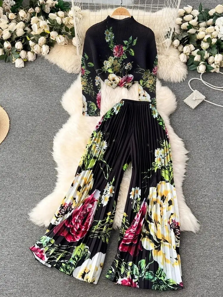 2024 Fashion Miyake Pleated Two Piece Set Gradient Flower Printing High Neck Stretch Top And Wide Leg Pants Trouser Suits 240808