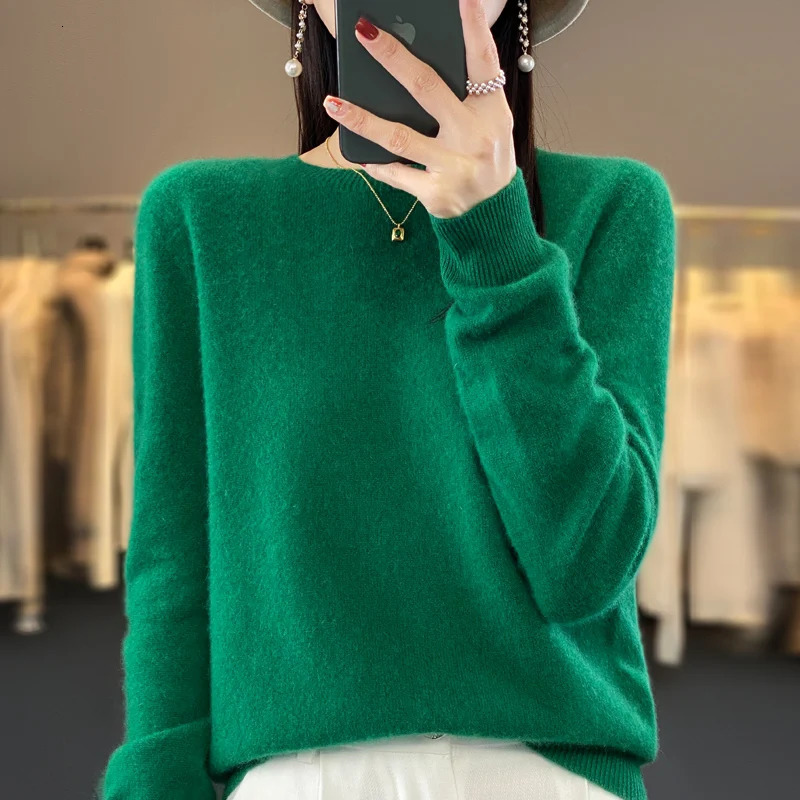 100% Merino Wool Sweater Women O-neck Cashmere Knitwear Female Pullover Autumn Winter Casual Tops Solid Color Soft Clothing 240808