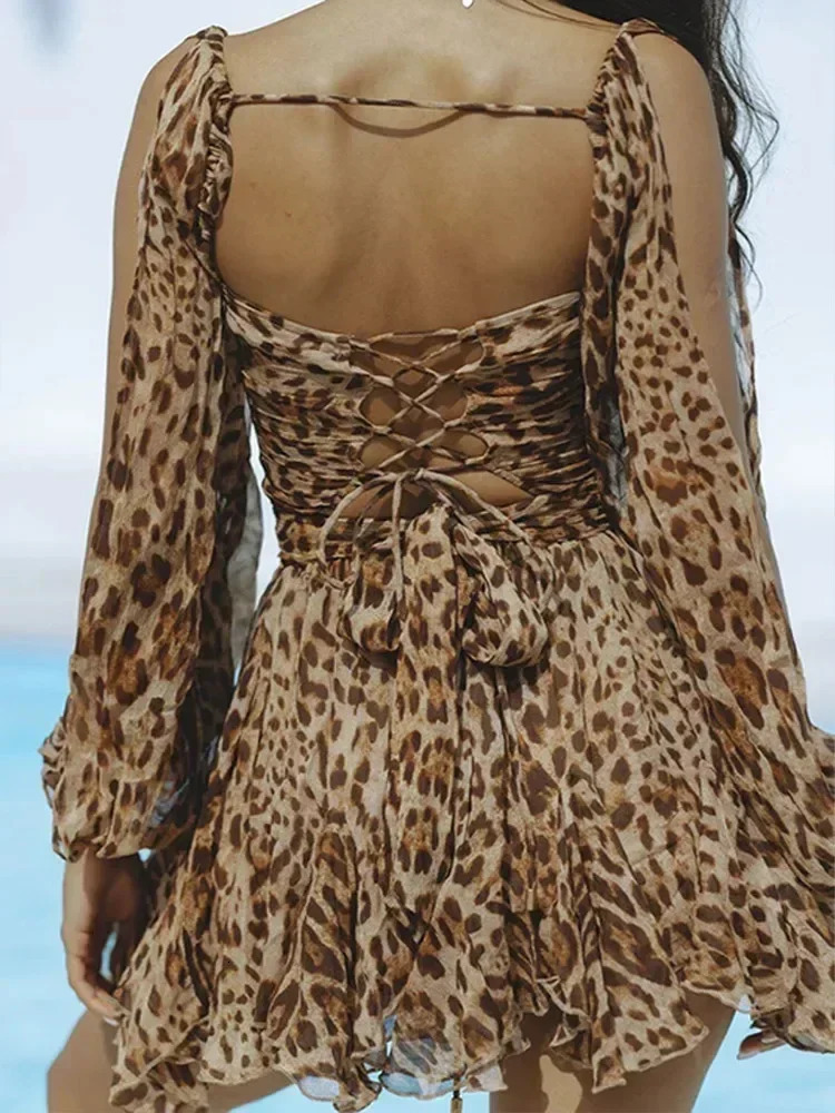 Sexy Elegant Women Pleated Short Beach Dress Fashion V Neck Split Long Sleeve A Line Mini Dresses Summer Party Dresses 240808 - view 7