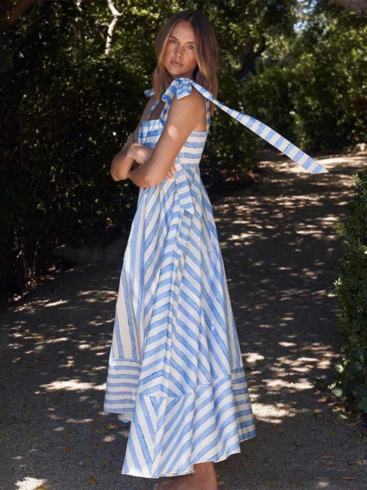 Elegant Stripe Women Lace Up Strap Maxi Dress Fashion Square Neck Backless A-line Dresses 2024 Summer Female Casual Street Robes 240812