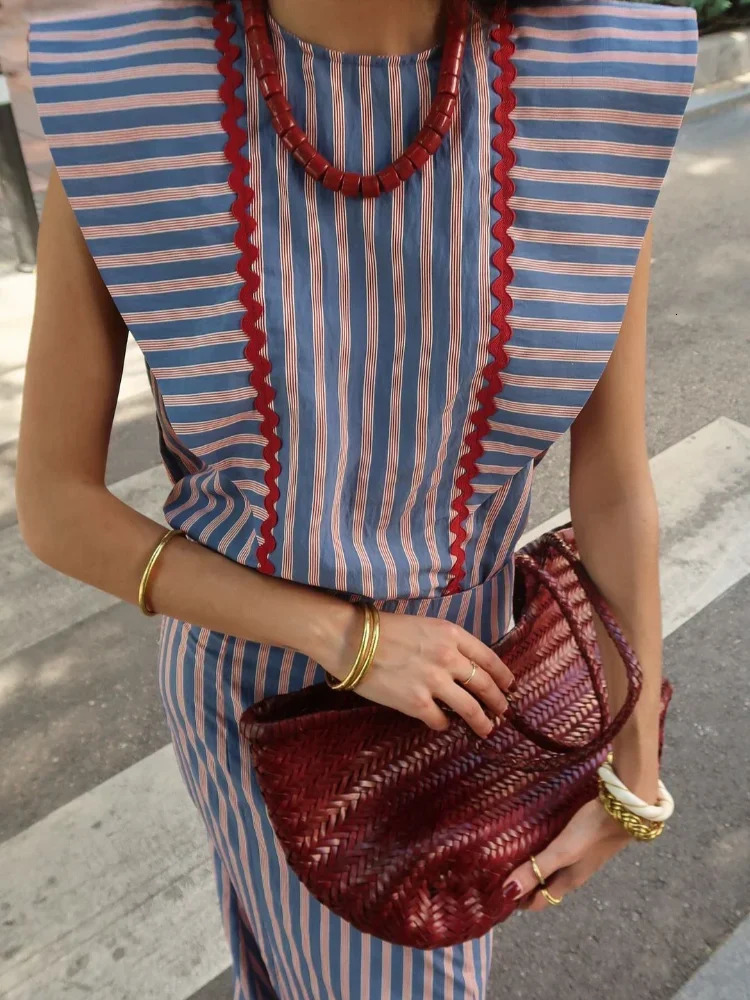Elegant Striped Printed O Neck Flying Sleeve Tops Set Causal High Waist Slim Long Dresses Suits Summer Female High Street Outfit 240808