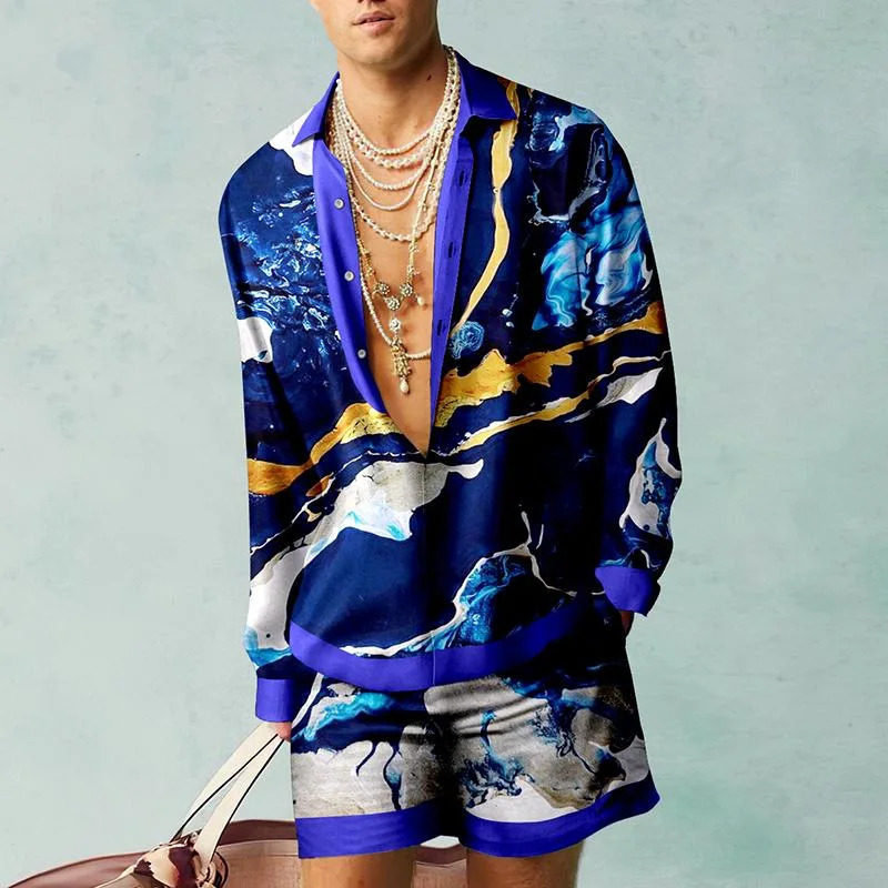 Pattern shirt set 3D printed mens casual fashion long sleeved shirt oversized beach shorts summer streetwear set240807