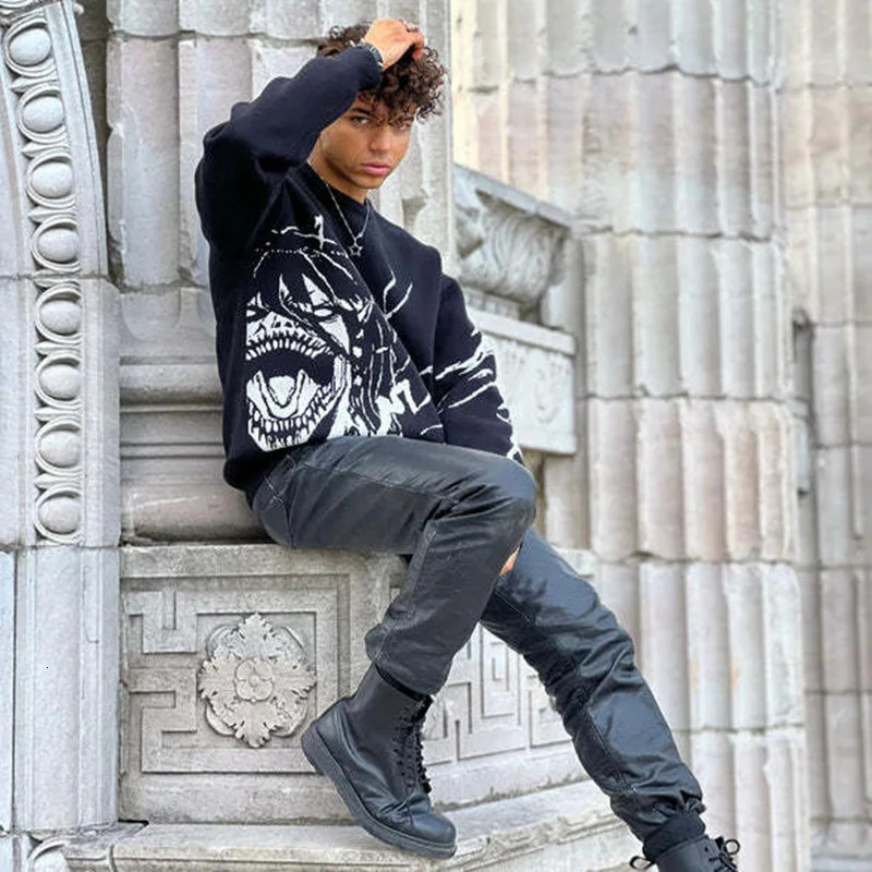 Harajuku Vintage Anime Printing Knitwear Mens Y2K Gothic Womens Sweaters Autumn Winter Loose Top Casual Streetwear Pullover Swe 240808