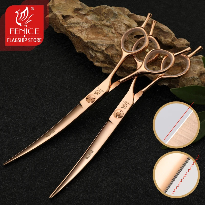 Fenice Professional 6.57 Inch Pet Curved Grooming Scissors serrated blade with saw Pet Scissors Shears for Dogs Cats JP440C 240807