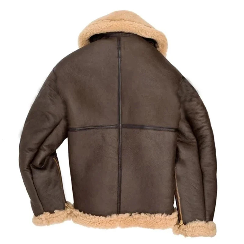 Mens Faux Leather Classic Brown Black Bomber Jacket Winter Shearling Sheepskin Coat Large Size Male Fleece Warm Outerwear 240808