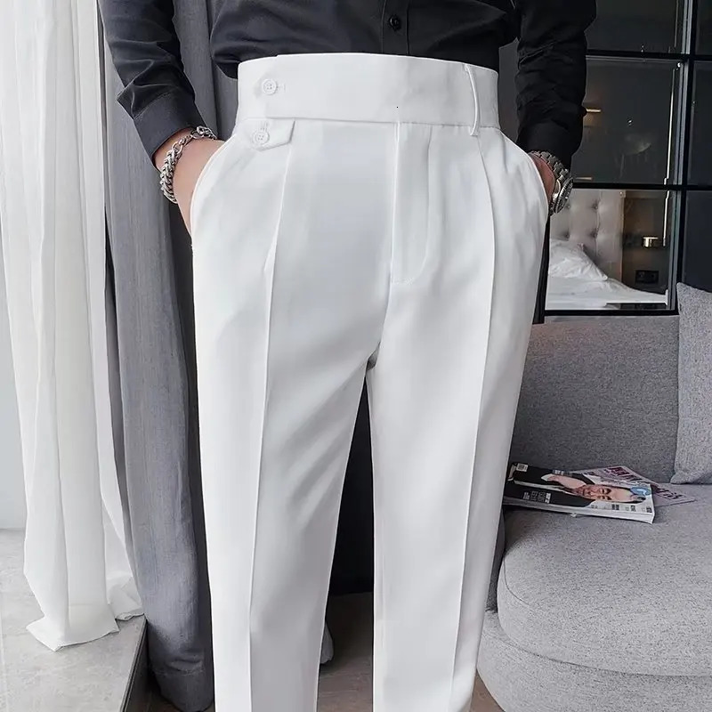 Oldyanup Men Naples Suit Pants Slim Fit Pencil Pant Spring Autumn High Waisted Button Fashion Business Casual Trousers Male 240807