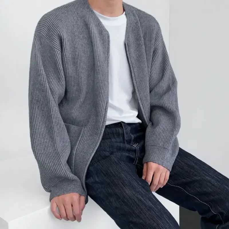 Knitted Sweaters for Men Round Collar with Pockets Man Clothes Plain Zip-up Jacket Cardigan Crewneck Solid Color Coat Zipper A SM240808