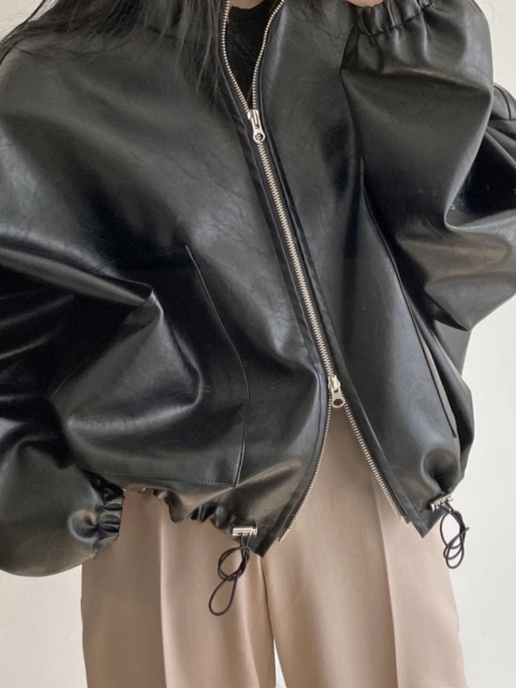Winter punk black leather jacket womens coat loose zipper cut casual motorcycle street clothing 240807