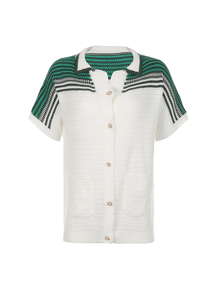 Boho Summer Stripe Hollow Out Knitted Cardigans Button Up Turn Down Collar Short Sleeve Casual Loose Holiday Outfits 240808