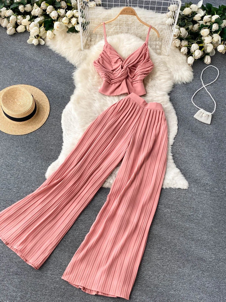 Summer Women Solid Sexy Holiday Pants Suit Female Spaghetti Strap Tops High Waist Long Pants Two Piece Set 240813