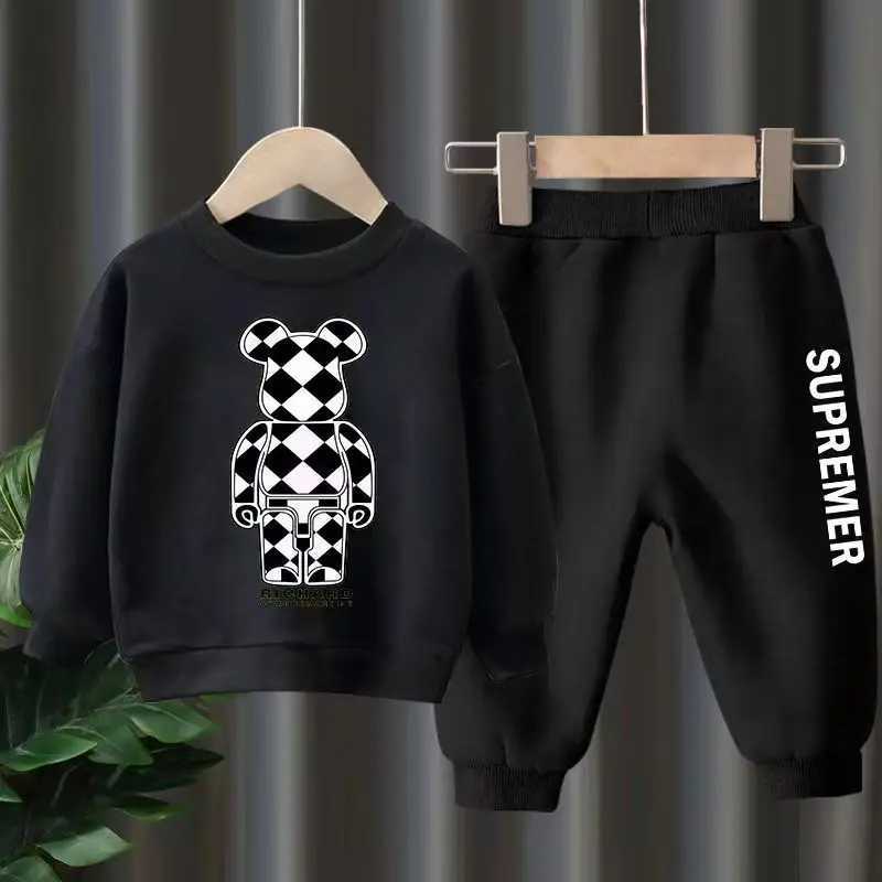 Clothing Sets Autumn Children Boy Clothes Set Kid Girls Cartoon Bear Printed Lapel Sweatshirts Pullover Top and Pants 2pcs Suit Baby TracksuitL488