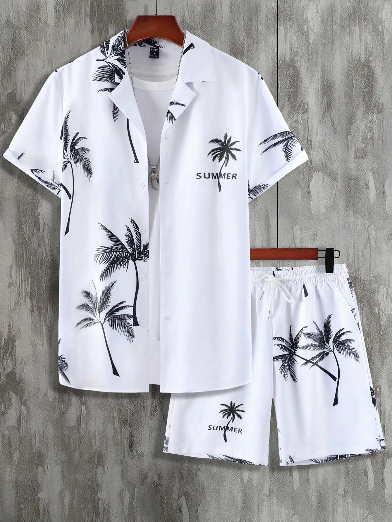 Mens and Womens Summer Short Sleeve Set Beach Palm Tree Printed Fashion Button Top Short Sleeve240807