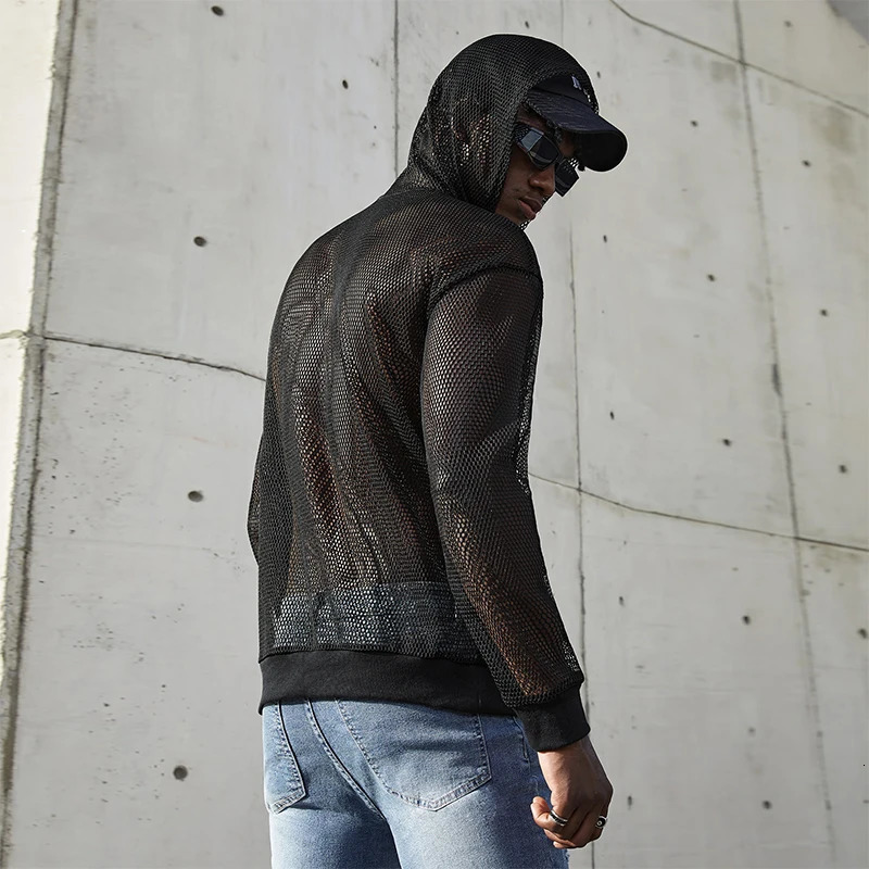 Fashionable mens see through mesh hoodie hollow transparent sexy Tshirt autumn fashion long sleeved zipper 240829