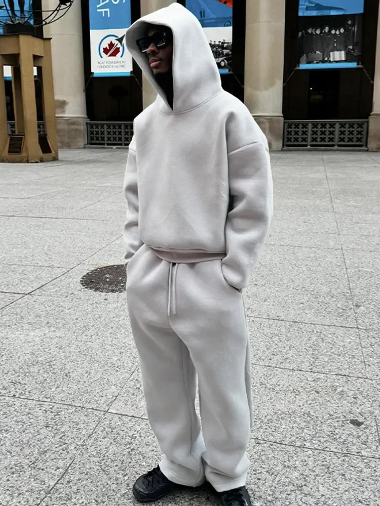 Autumn Mens Solid Color Hoodie And Pants Fashionable Casual Sports Two-piece Male Hip Hop Loose Streetwear 240808
