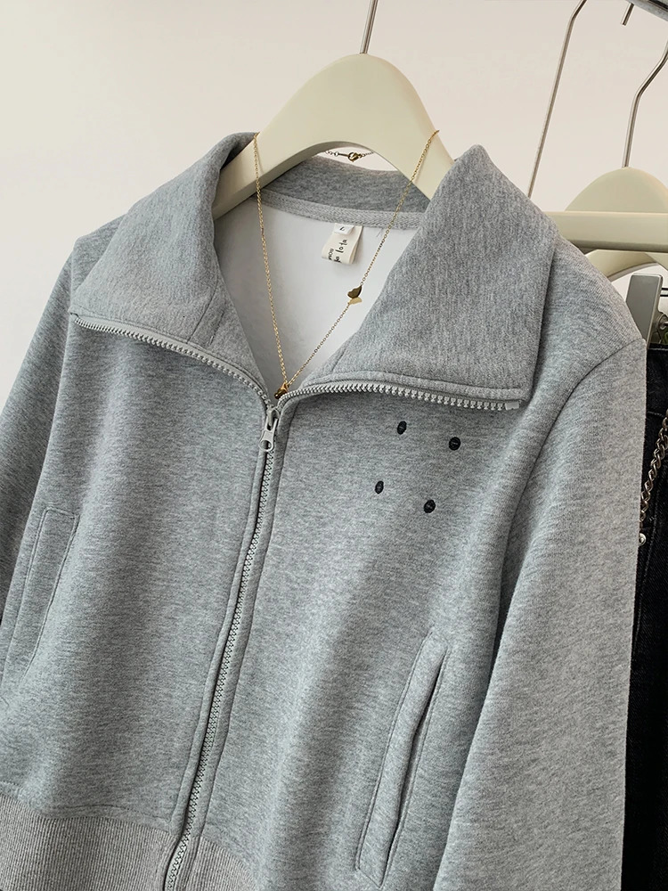 Women Sweatshirt Autumn Sweater Coat Loose Casual Female Tops Short Lapel Zipper Cardigan Jacket 240812