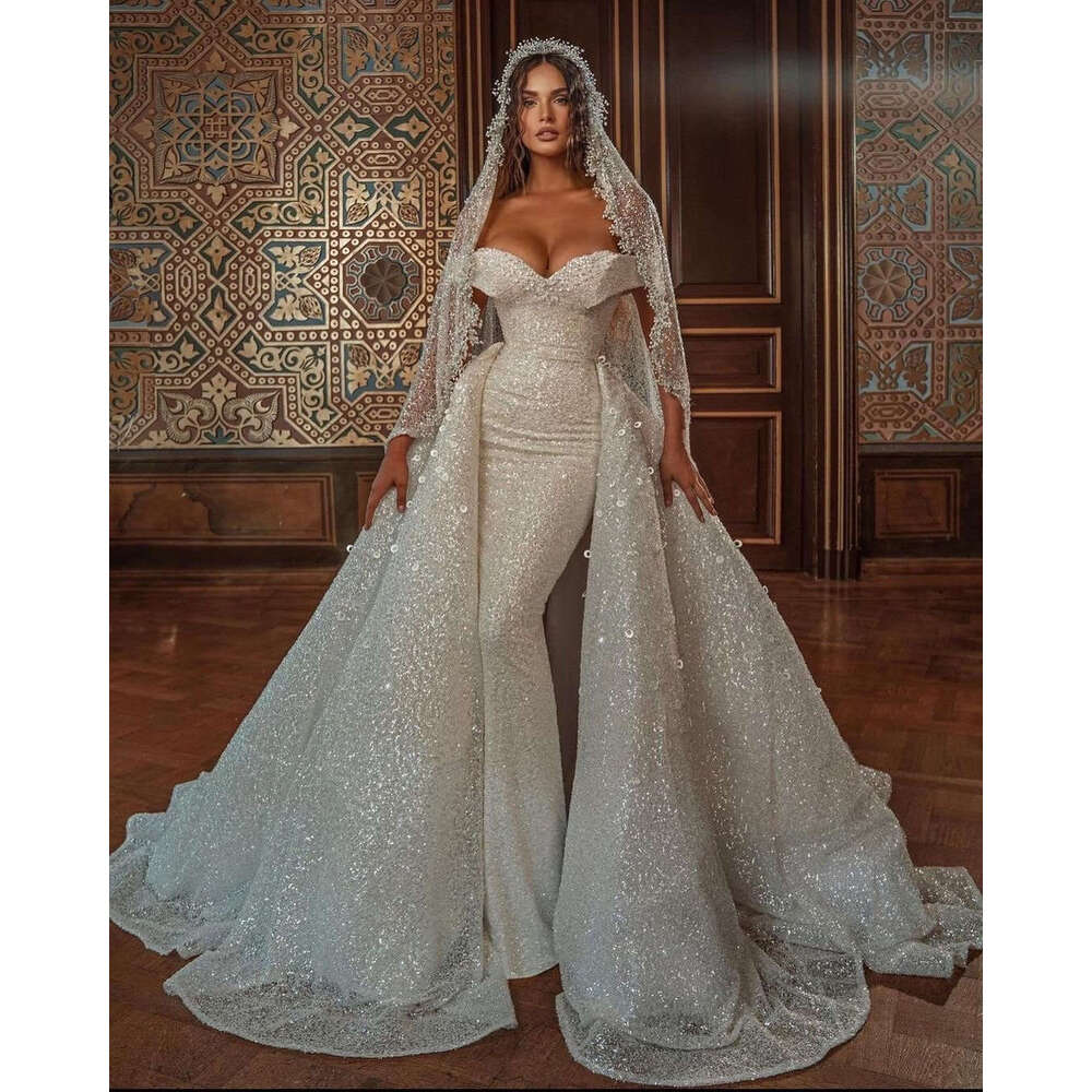 Crystal Gorgeous Sparkg Wedding Dress Strapless Detachable Train Off Shoulder Mermaid Bride Dresses Long Robe Mariage Es 0228Lz