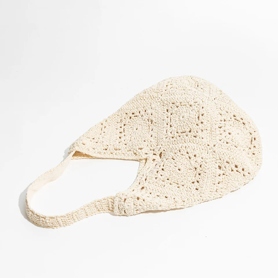 Handwoven Crochet Beach Bag for Woman Lightweight Knitted White Tote Handbag Summer Shopping Travel Shoulder Purse 2024 240808