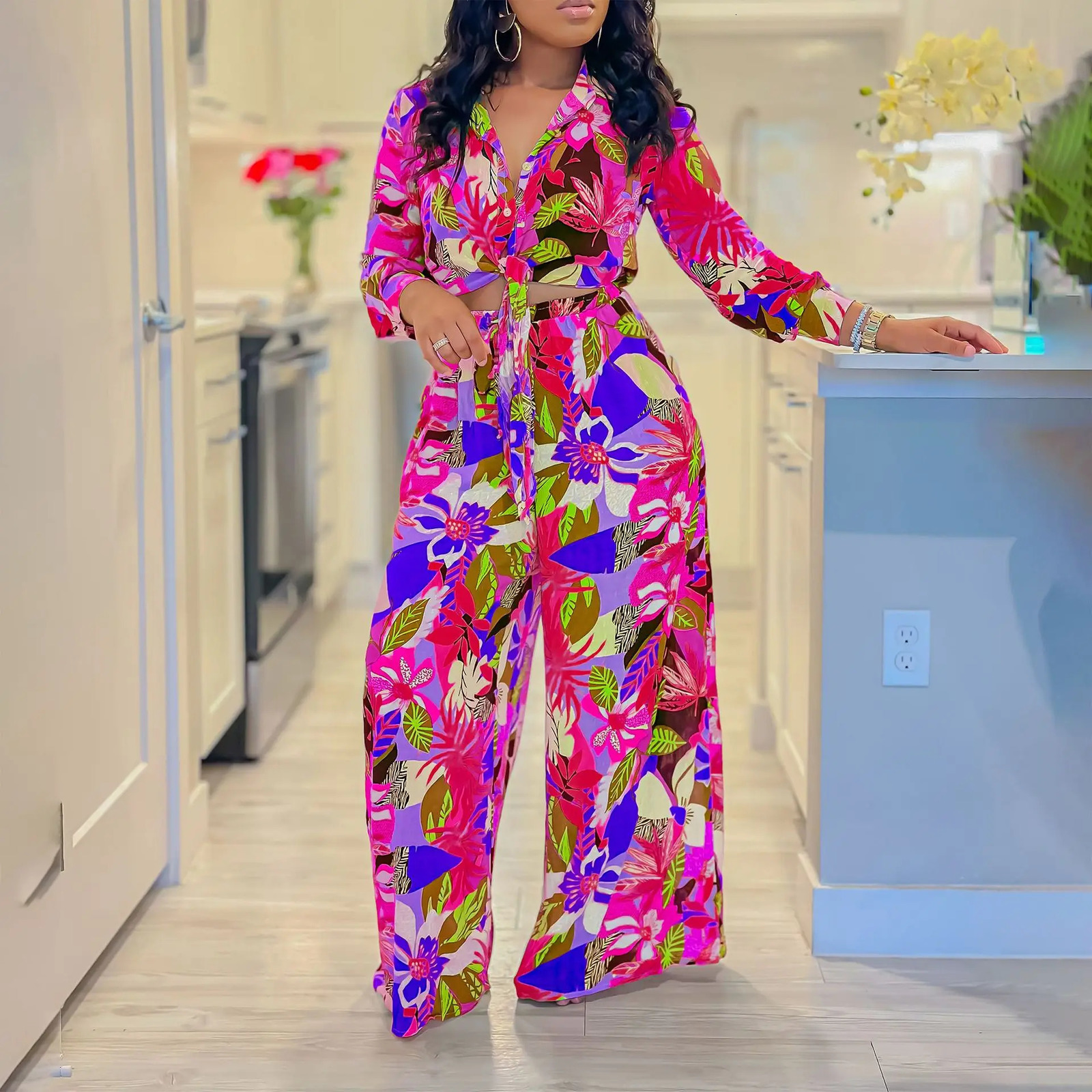 2 Piece Women Sets 2024 Arrival Summer Autumn Matching Sets Flower Print Two Pieces Sets Top Pants Suits Outfits Clothing 240813