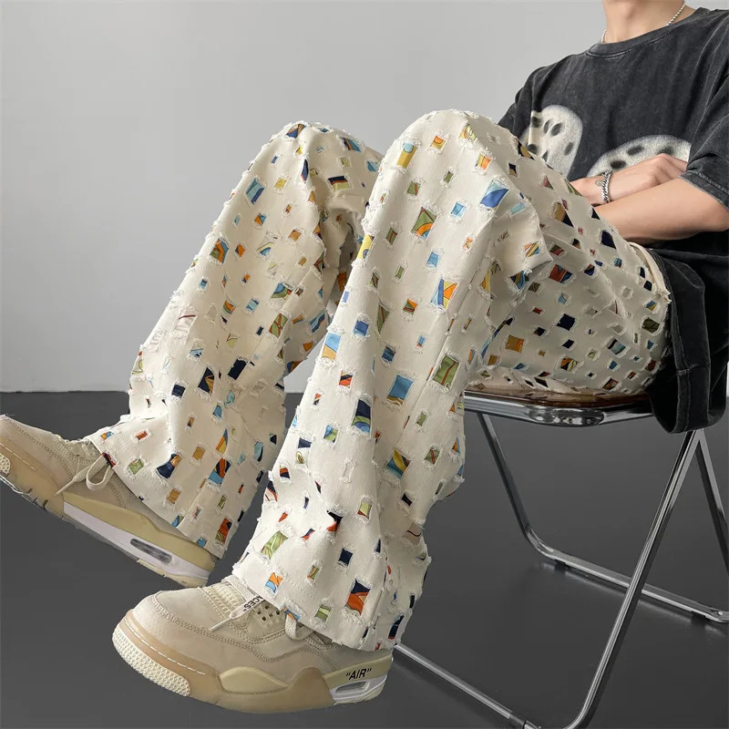 Apricot Black Plaid Pants Men Fashion Retro Hollow Out Pants Men Streetwear Hip-hop Loose Hole Straight Pants Mens Trousers 240807