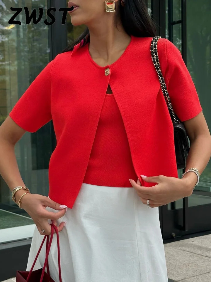 Knitted One Button Cardigans Women Elegant Red Short Sleeve O-neck Sweater Female Autumn Fashion Streetwear Lady Sweaters 240808