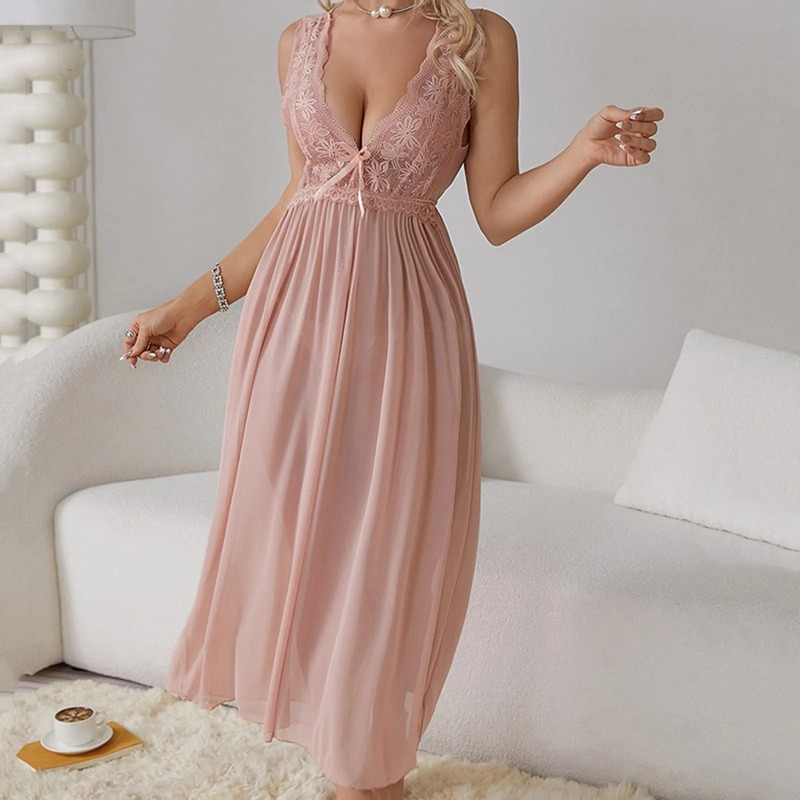 Womens Sleeveless V Neck Lace Lingerie Nightgown Sleepwear Long Sexy Chemises Sleep Dress for Women Elegant Babydoll Multicolor