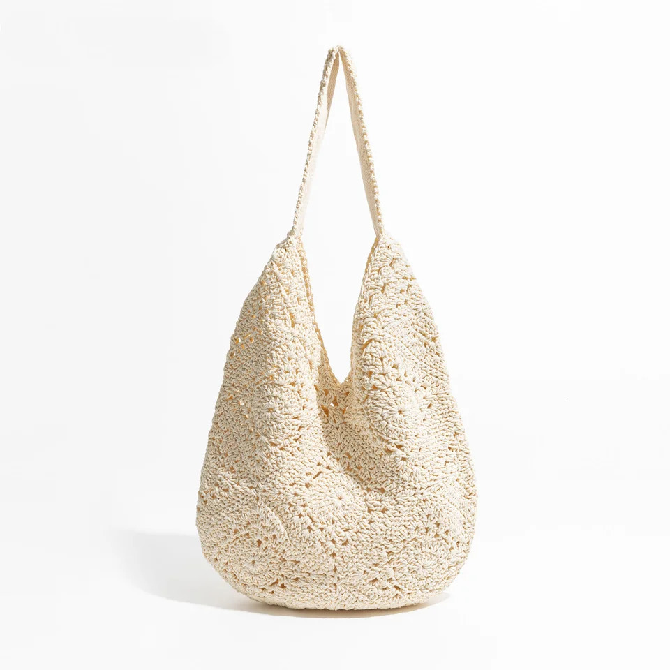 Handwoven Crochet Beach Bag for Woman Lightweight Knitted White Tote Handbag Summer Shopping Travel Shoulder Purse 2024 240808