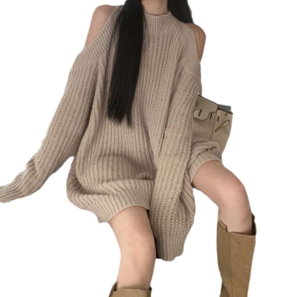 Hollow out woolen dress, women's autumn new design, Korean version, off shoulder long sleeved loose knit dress f9e3c 1abbc