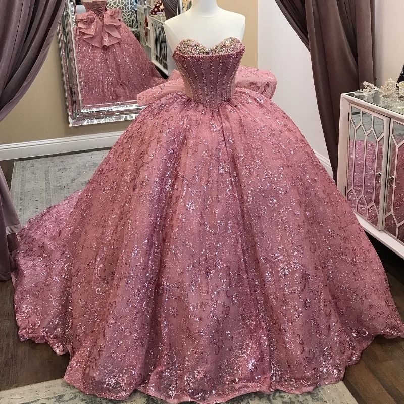 Pink Shiny Sequined Ball Gown Quinceanera Off the Shoulder Corset Lace Beads Crystal Tull Sweet 16 Dress Vestidos De XV Anos 15