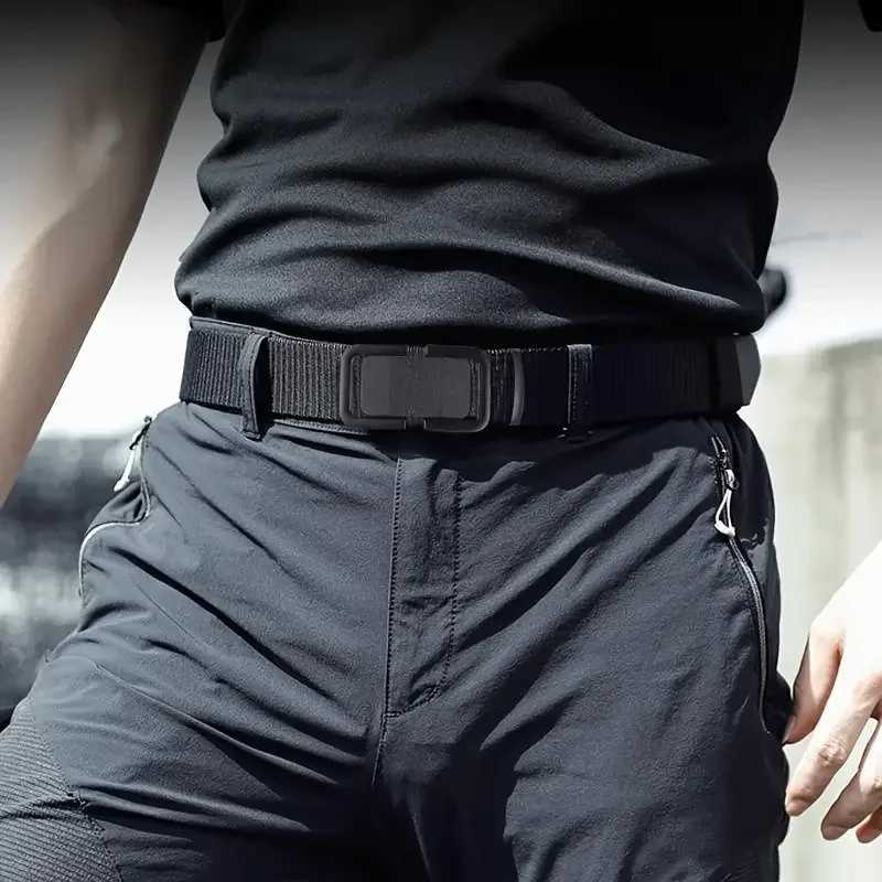 Mens automatic metal buckle nylon canvas webbing outdoor work belt nylon belt with click buckle W240807
