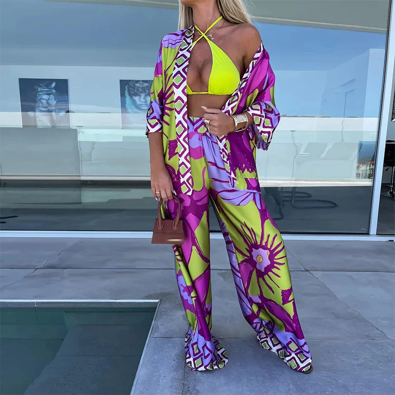 Casual Loose Holiday Two Piece Sets Womens V-neck Cardigan Tops with Long Pants Suits 2024 Spring Vintage Printed Beach Outfits 240813