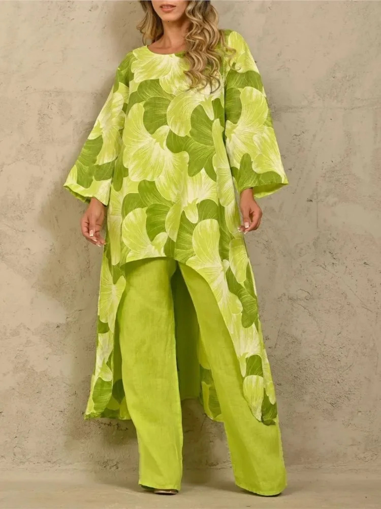 Casual Women Two Piece Sets Autumn Fashion O-neck Floral Print Long Tops Solid Wide Leg Pants Set Loose Trousers Suit 240813