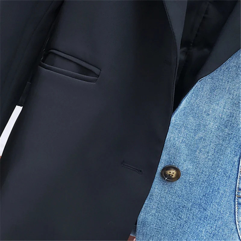Denim Patchwork Women Blazer Jacket High Quality Single Button Black Suit Jacket Loose Fashion Lady Blazers Coat Autumn 240808